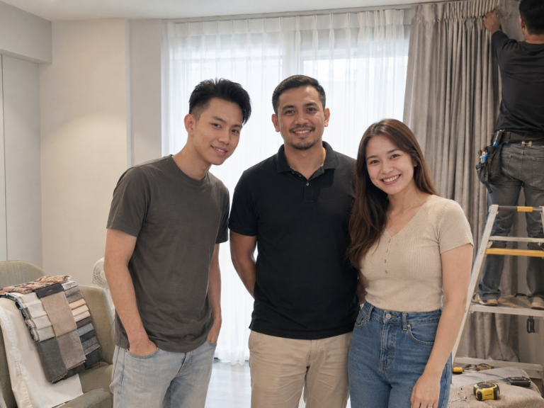 Happy customers with the The Curtain Expert team during a living room curtain installation in Singapore