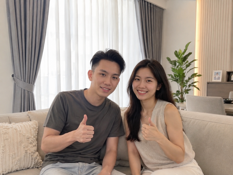 Couple giving a thumbs up beside grey day curtains and sheer curtains in their Singapore living room