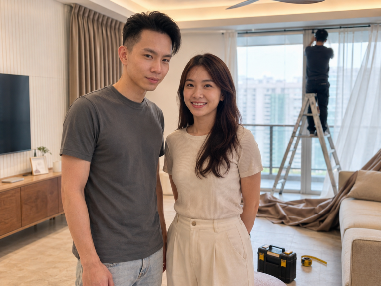 Couple beside floor-to-ceiling windows as The Curtain Expert installs curtains in their Singapore home
